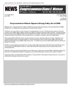 Congresswoman Watson Opposes Energy Policy Act of 2005