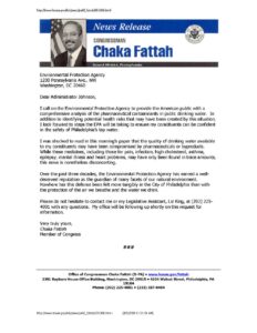 Letter from Rep. Chaka Fattah to EPA Asking for a Comprehensive Analysis of Pharmaceutical Contaminates in Public Drinking Water