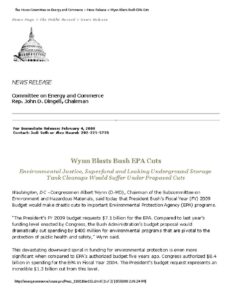 Wynn Blasts Bush EPA Cutes: Environmental Justice, Superfund and Leaking Underground Storage Tank Cleanups Would Suffer Under Proposed Cuts