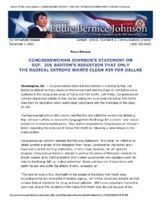 Congresswoman Johnson’s Statement on Rep. Joe Barton’s Assertion that Only the Radical Extreme Wants Clean Air for Dallas