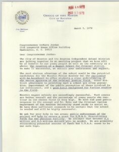 Correspondence between Rep. Barbara Jordan and Houston, TX Mayor Regarding the Creation of a Magnet School for Criminal Justice (1978)
