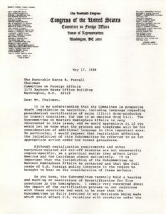 Letter from Rep. George Crockett Jr. to Chairman Dante Fascell Regarding Narcotics Legislation (1988)