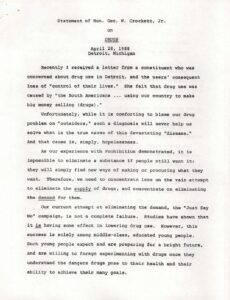 Statements by Rep. George W. Crockett Jr. on Decriminilization of Drugs (1989)