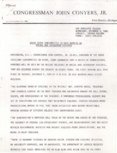 Press Release, Correspondence, and New Clippings from Rep. Conyers on Incidents of Racial and Intergroup Violence (1980)