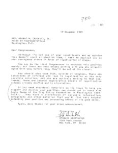 Letter Applauding Rep. George Crockett for his Stance on Drug Legalization (1989)