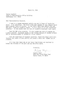 Letter to Rep. Crockett Opposing Drug Legalization (1990)