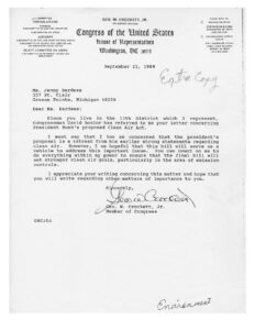 Letter from Rep. George Crockett (D-MI) to Constituent Jenny Bardees Addressing Concerns with President Bush’s Proposed Clean Air Act