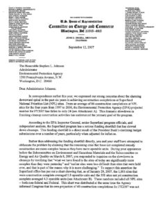 Letter Addressing the Declining Completions of the Superfund National Priorities List from Rep. John Dingell, Rep. Albert Wynn, and Rep. Hilda Solis to Stephen Johnson, Administrator of the Environmental Protection Agency