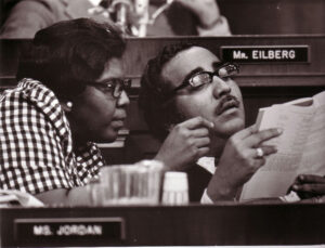 Rep. Barbara Jordan (D-TX) speaking with Rep. Charles B. Rangel (D-NY) during the Watergate Impeachment Hearing