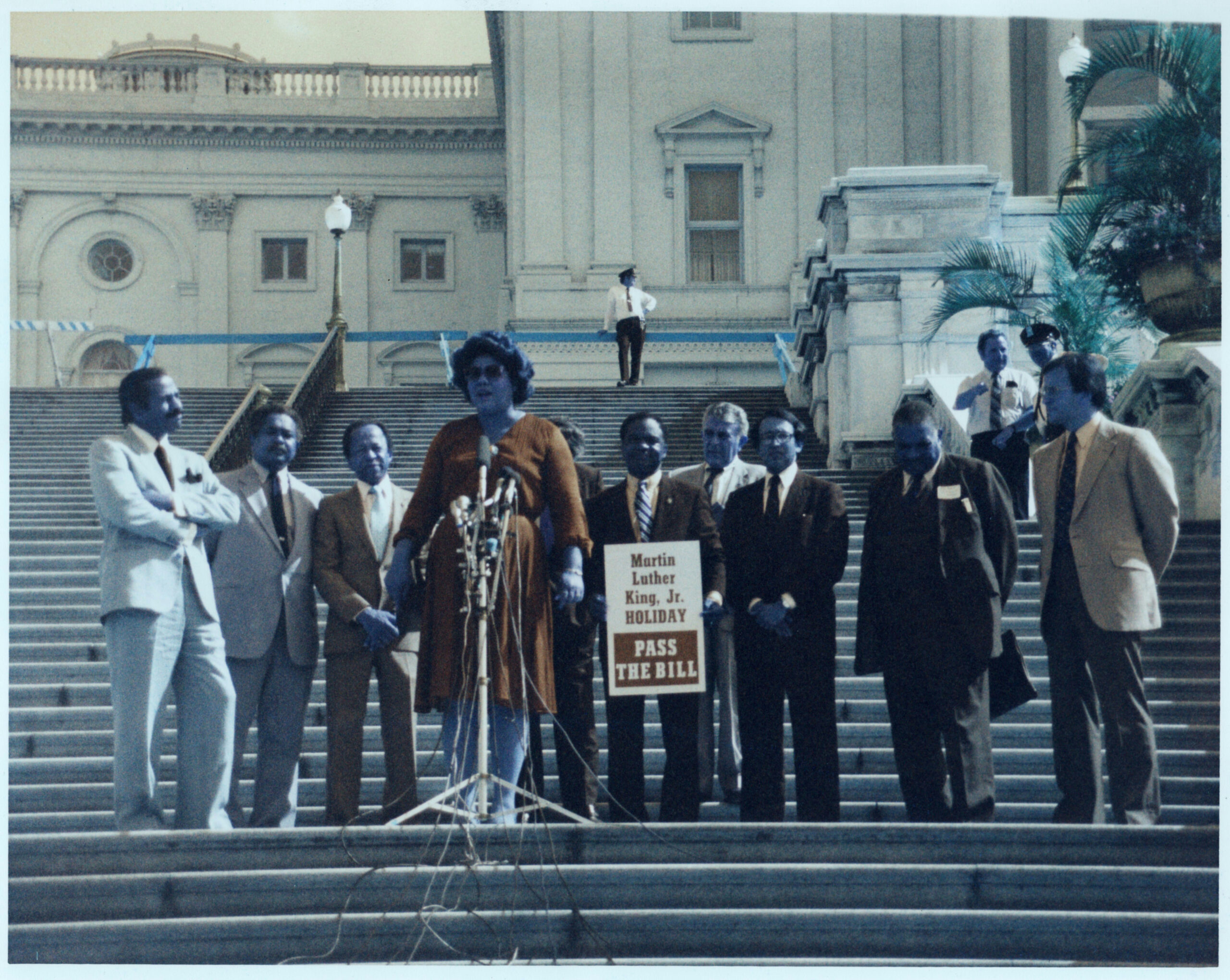 Del. Walter Fauntroy, Rep. John Conyers, and Rep. Katie B. Hall (?) on Capitol Steps Supporting the MLK Holiday Bill