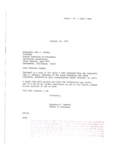Correspondence between Rep. Augustus Hawkins and Sen. John Dunlap, Chairman of the Senate Committee on Education