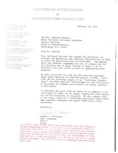 Letter from Andrew Viscovich of the California Association of Compensatory Education to Rep. Augustus Hawkins