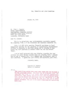 Correspondence between Rep. Augustus Hawkins and Mr. Elmer C. Cameron, Deputy Superintendent of Escondido Union School District, Regarding ESEA Title I