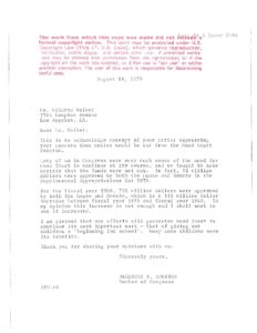 Correspondence between Rep. Augustus Hawkins and Ms. Mildred Walker Regarding Funding the Head Start Program