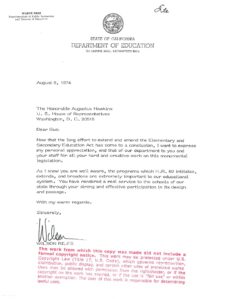 Correspondence between Mr. Wilson Riles, California Superintendent of Public Education, and Rep. Augustus Hawkins Regarding H.R. 69