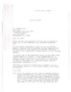 Correspondence between Rep. Augustus Hawkins and Ms. Frances Beck, Chair of the Louisiana Title II ESEA Advisory Council