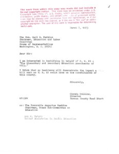 Letter from Glenda Collins, Director of Nassau County Head Start, to Rep. Carl D. Perkins, Copied to Rep. Augustus Hawkins