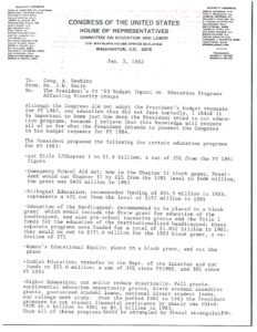 Memo to Rep. Augustus Hawkins from Mr. John W. Smith of the Committee on Education and Labor Regarding the President’s FY’83 Budget Impact on Education Programs Affecting Minority Groups