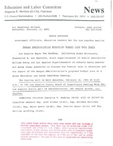 Press Release from Rep. Augustus Hawkins on Regan Administration Education Budget Cuts