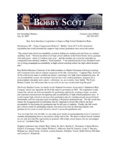 Press Release – Rep. Scott Introduces Legislation to Improve High School Graduation Rates