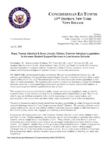 Reps. Towns, SÃƒÂ¡nchez&Sens. Lincoln, Clinton, Cochran Introduce Legislation to Increase Student Support Services in Low Income Schools
