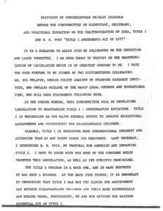 Testimony of Rep. Shirley Chisholm Before the Subcommittee on Elementary, Secondary and Vocational Education on the Reauthorization of ESEA, Title I and H.R. 9968 “Title I Amendments Act of 1977”