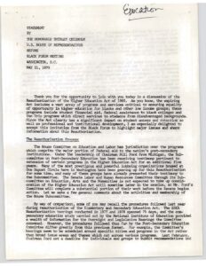 Statement by Rep. Shirley Chisholm on the Reauthorization of the Higher Education Act of 1965 Before Black Forum Meeting