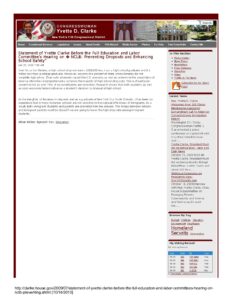 Statement of Yvette Clarke Before the Full Education and Labor Committee’s Hearing on “NCLB: Preventing Dropouts and Enhancing School Safety”