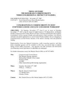 Congresswoman Corrine Brown to Host Stop Foreclosure and Save Your Home Workshop (2007)