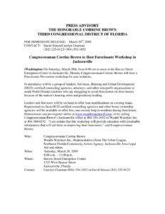 Congresswoman Corrine Brown to Hose Foreclosure Workshop in Jacksonville (2009)