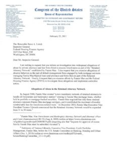 Letter from Rep. Elijah Cummings to Inspector General or the Federal Housing Finance Agency requesting an investigation into allegations of abuses in processing Fannie Mae foreclosures (2011)