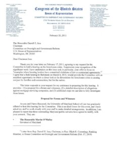 Letter from Rep. Elijah Cummings to Rep. Darrell E. Issa regarding Committee on Oversight and Government Reform hearing on the foreclosure crisis (2011)