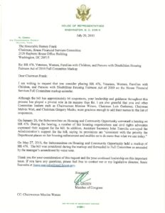 Letter from Congressman Al Green to  Congressman Barney Frank regarding the Veterans, Women, Families with Children, and Persons with Disabilities Housing Fairness Act of 2010 Committee Markup (2010)