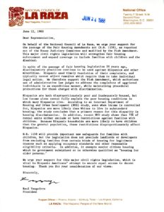 La Raza letter urging support for passage of Fair Housing Act Amendments (1988)
