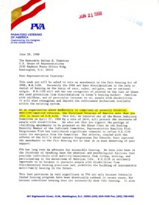 Paralyzed Veterans of America letter asking for Congressional support of Fair Housing Amendments Act (1988)