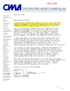 Child Welfare League of America letter urging support for Fair Housing Amendments (1988)