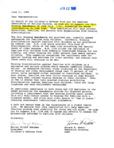 Join letter from the Children’s Defense Fund and American Association of Retired Persons asking for Congressional support for Fair Housing Amendments Act (1988)