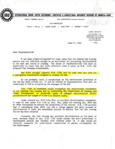 Letter from International Union, United Automobile, Aerospace&Agricultural Implement Workers of America (UAW) in support of Fair Housing Amendments Act (1988)