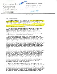 Letter from Consortium for Citizens with Disabilities in support of Fair Housing Amendments Act (1988)