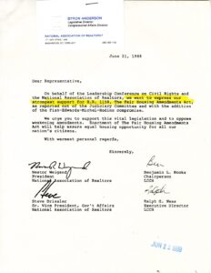 Joint letter from the Leadership Conference on Civil Rights and the National Association of Realtors expressing support for the Fair Housing Amendments Act (1988)