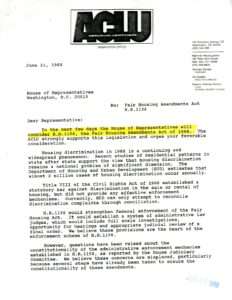 Letter from American Civil Liberties Union in support of Fair Housing Amendments Act (1988)