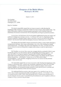 Letter to President Barack Obama from Members of Congress requesting an executive order directing the Department of Treasury to amend their Hardest Hit Fund (2013)