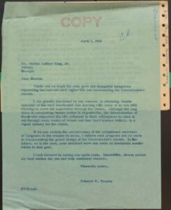 Correspondence between Sen. EdwardBrooke and Dr. Martin Luther King regarding the Commission on Civil Disorders (1968)