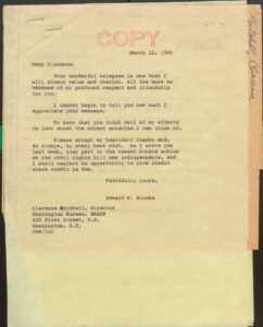Correspondence between Sen. Edward Brooke and NAACP Director Clarence Mitchell regarding fair housing legislation (1968)