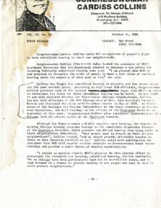 Congresswoman Cardiss Collins hails HUD recognition of people’s right to have subsidized housing in their own neighborhoods (1980)
