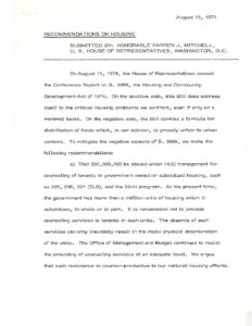 Recommendations on Housing by Rep. Parren Mitchell (1974)