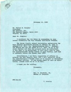 Correspondence between Rep. George Crockett and Walter E. Douglas, President of New Detroit, Inc. Regarding the Fair Housing Initiatives Program (1985)