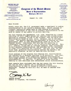 Dear ColleagueLetter from Rep. George Miller supporting 1988 Fair Housing Amendments Amendments (1988)