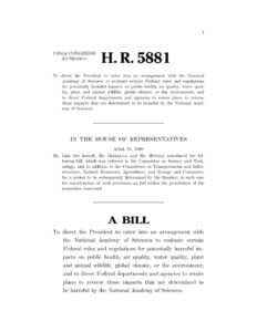 H.R.5881 To direct the President to enter into an arrangement with the National Academy of Sciences to evaluate certain Federal rules and regulations for potentially harmful impacts on public health, air quality, water quality, plant and animal wildlife,