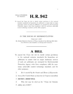 H.R.942 Clean Air Sustainability Act of 2007